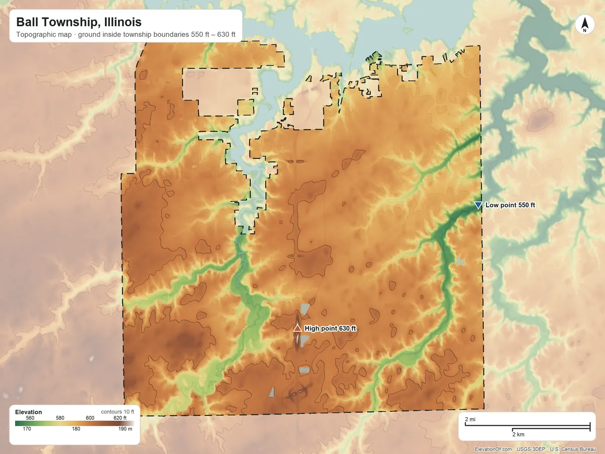 Topographic elevation map of Ball Township, Illinois, shaded from 550 ft on the east side to 630 ft on the southeast side