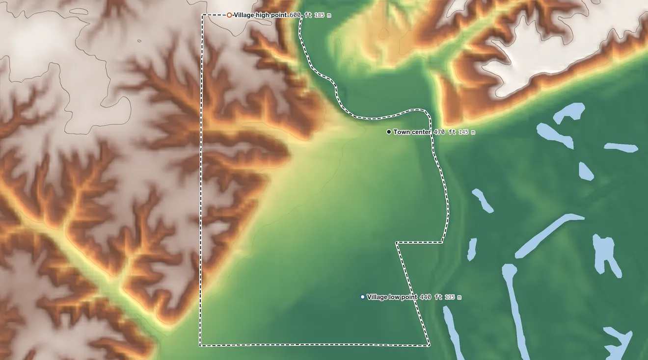 Topographic elevation map of Banner, Illinois, shaded from 440 ft on the south side to 600 ft on the northwest side