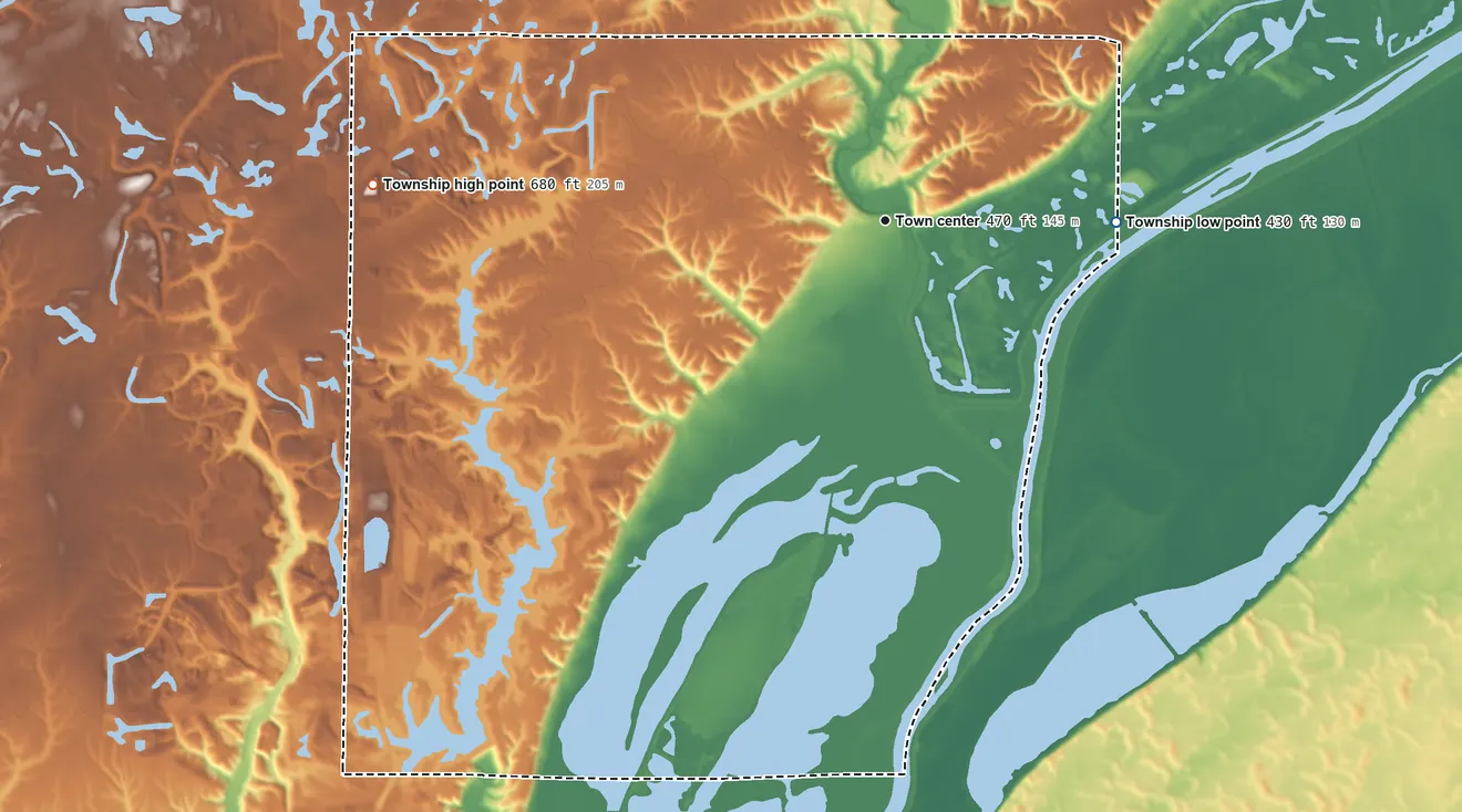 Topographic elevation map of Banner Township, Fulton County, Illinois, shaded from 430 ft on the east side to 680 ft on the west side