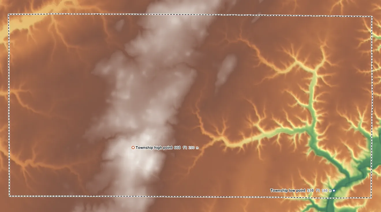 Topographic elevation map of Banner Township, Illinois, shaded from 530 ft on the southeast side to 660 ft on the west side