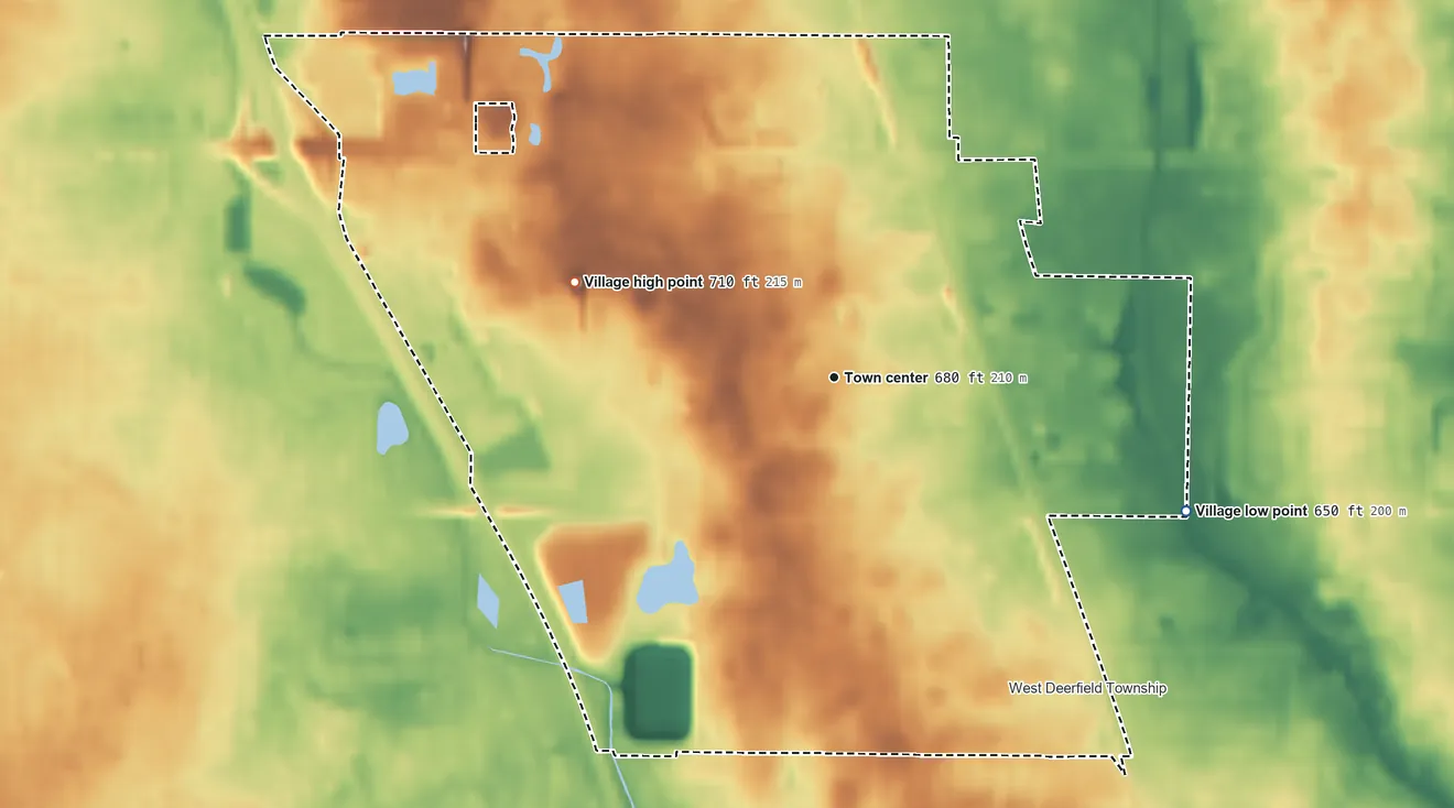 Topographic elevation map of Bannockburn, Illinois, shaded from 650 ft on the east side to 710 ft on the west side