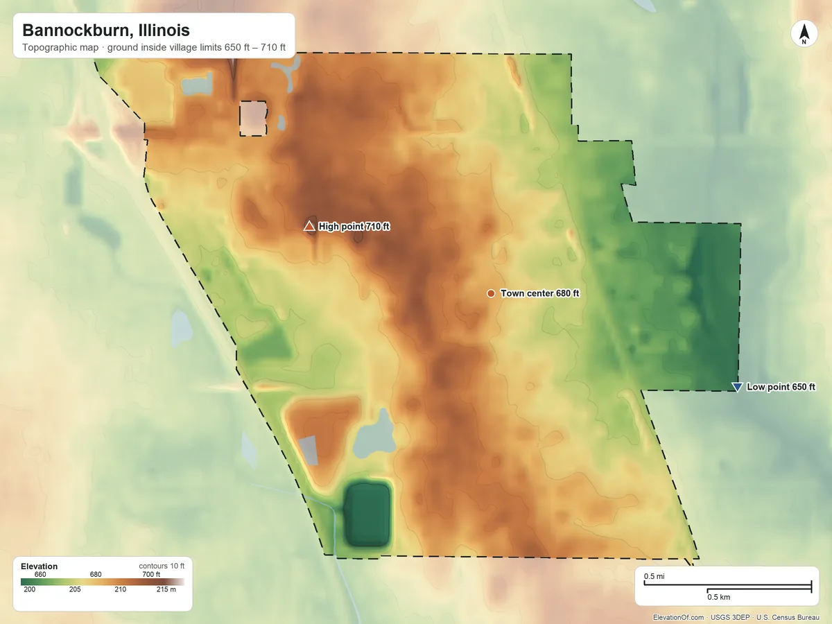 Topographic elevation map of Bannockburn, Illinois, shaded from 650 ft on the east side to 710 ft on the west side