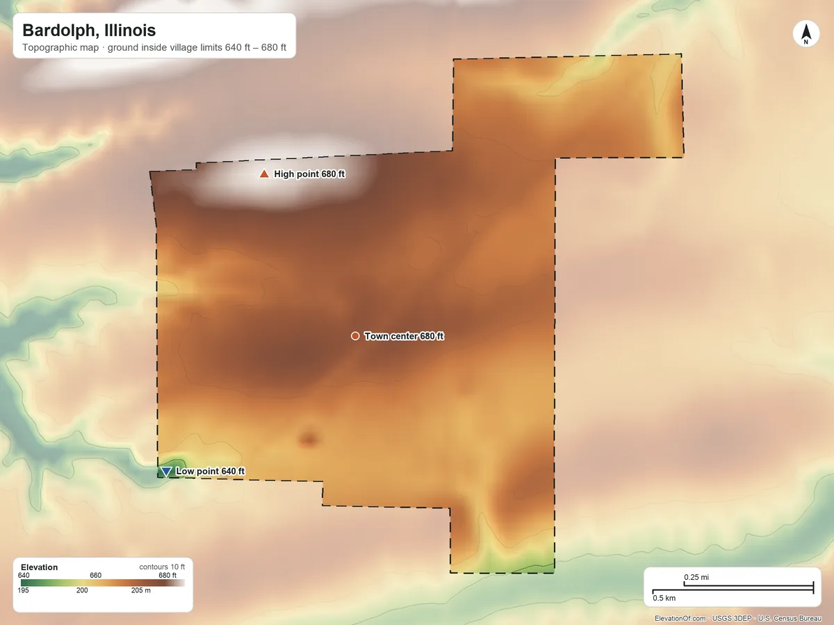 Topographic elevation map of Bardolph, Illinois, shaded from 640 ft on the southwest side to 680 ft on the northwest side