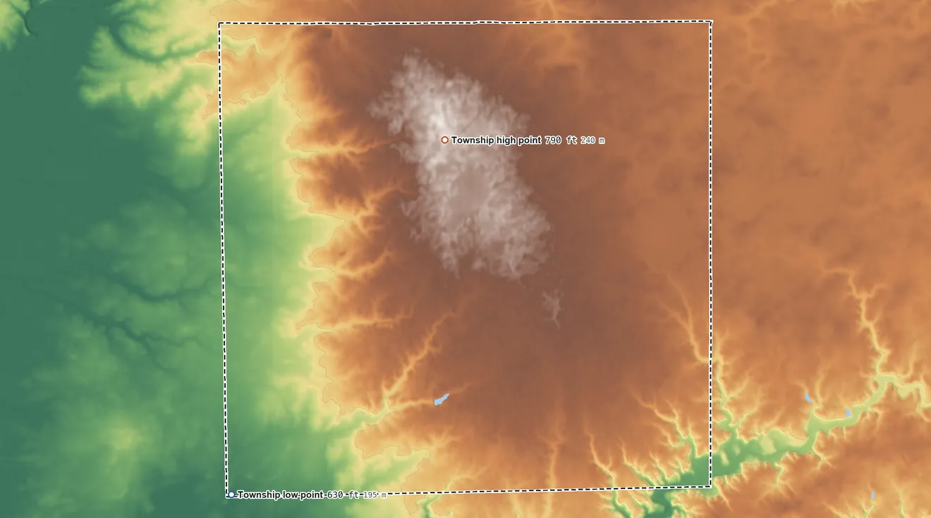 Topographic elevation map of Barnett Township, Illinois, shaded from 630 ft on the southwest side to 790 ft on the north side