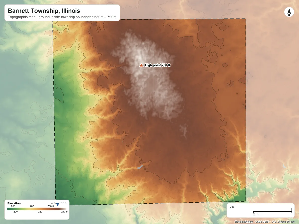 Topographic elevation map of Barnett Township, Illinois, shaded from 630 ft on the southwest side to 790 ft on the north side