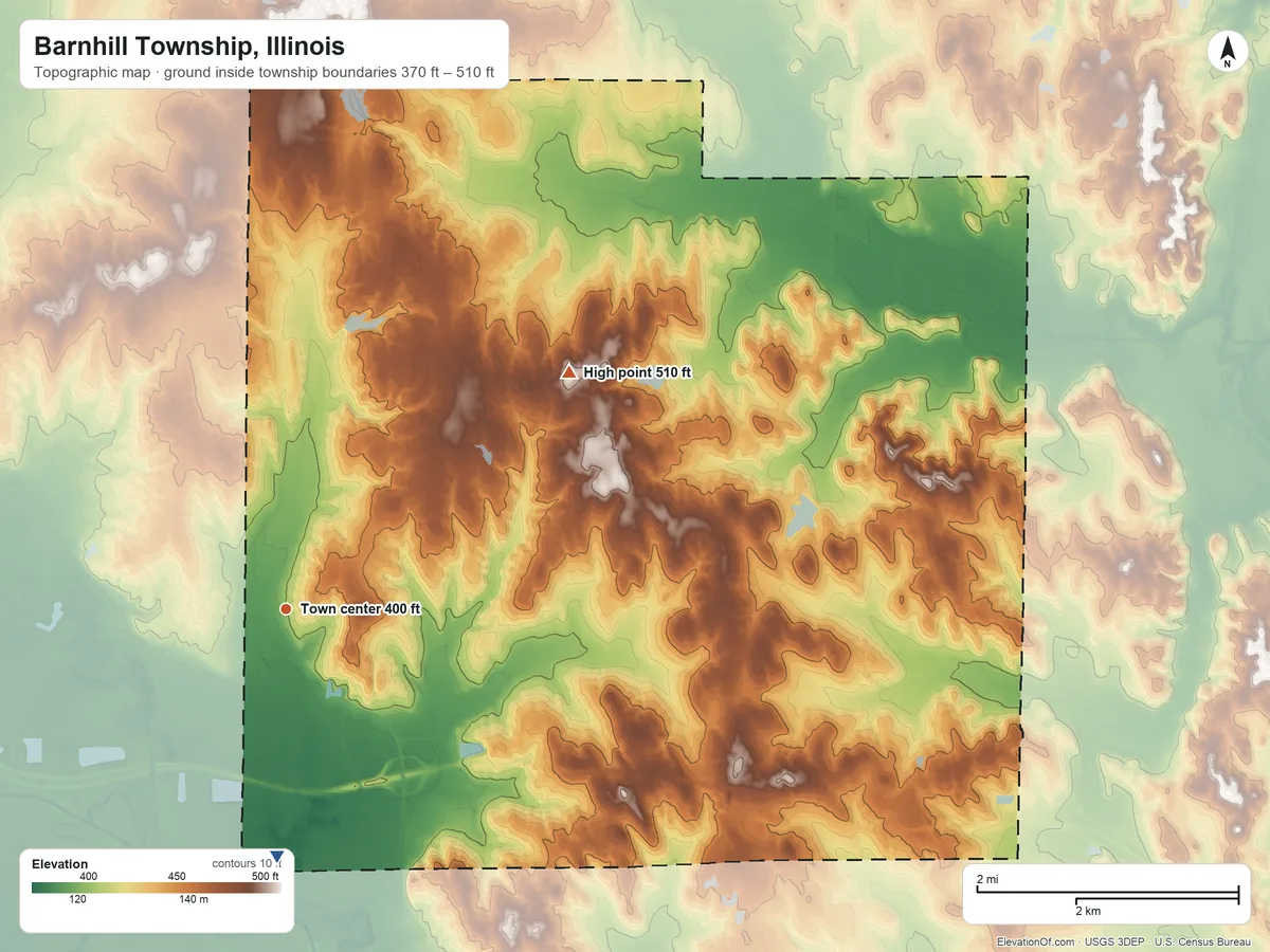 Topographic elevation map of Barnhill Township, Illinois, shaded from 370 ft on the south side to 510 ft on the northeast side