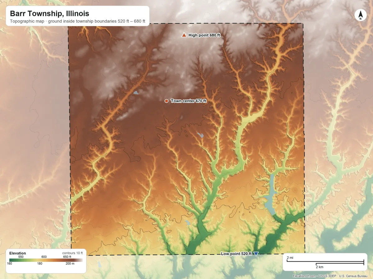 Topographic elevation map of Barr Township, Illinois, shaded from 520 ft on the southeast side to 680 ft on the north side