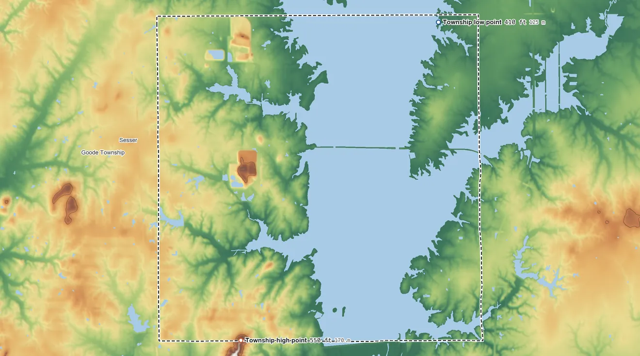Topographic elevation map of Barren Township, Illinois, shaded from 410 ft on the northeast side to 550 ft on the south side