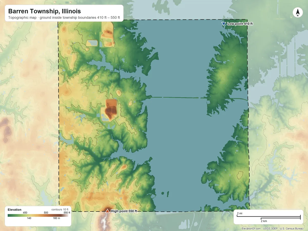 Topographic elevation map of Barren Township, Illinois, shaded from 410 ft on the northeast side to 550 ft on the south side