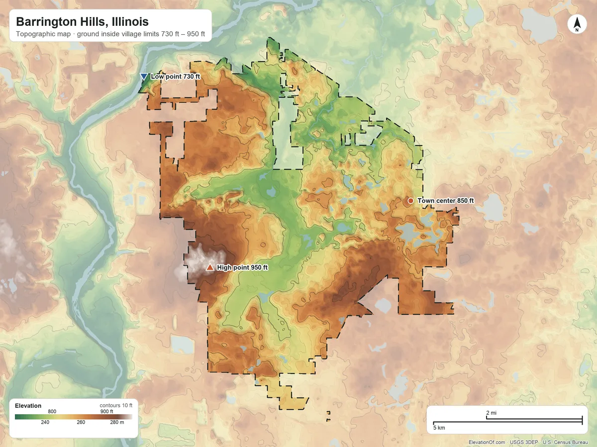Topographic elevation map of Barrington Hills, Illinois, shaded from 730 ft on the northwest side to 950 ft on the west side