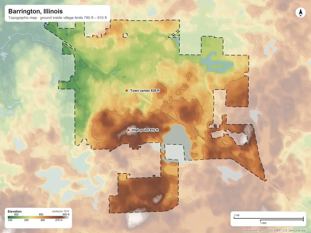 Topographic elevation map of Barrington, Illinois, shaded from 780 ft on the northwest side to 910 ft on the south side