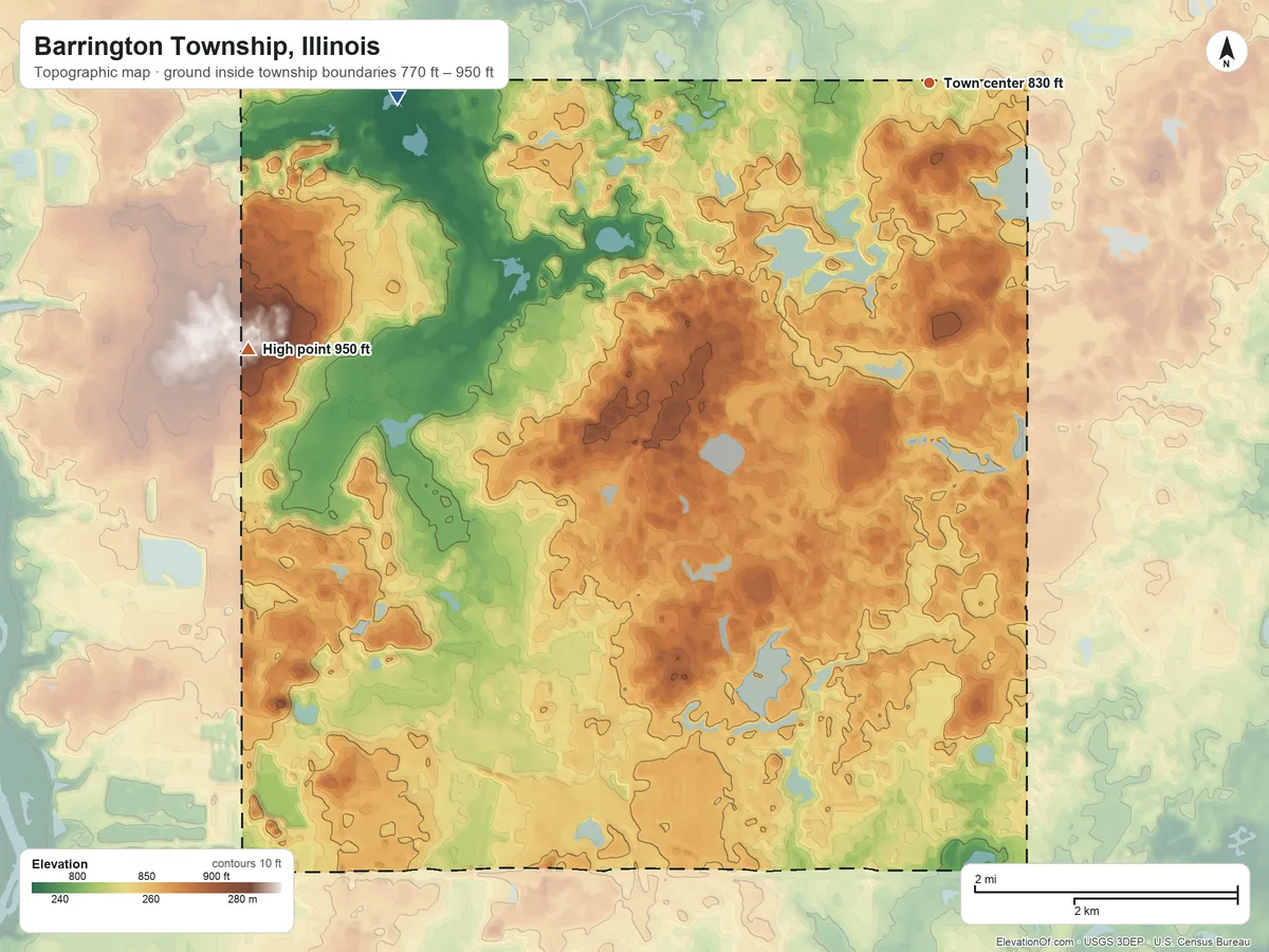 Topographic elevation map of Barrington Township, Illinois, shaded from 770 ft on the west side to 950 ft on the west side