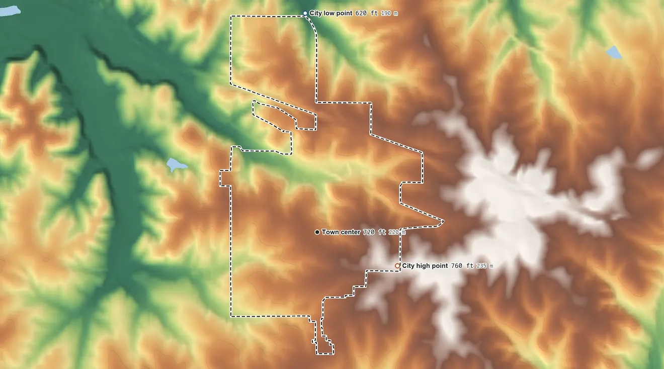 Topographic elevation map of Barry, Illinois, shaded from 620 ft on the north side to 760 ft on the southeast side