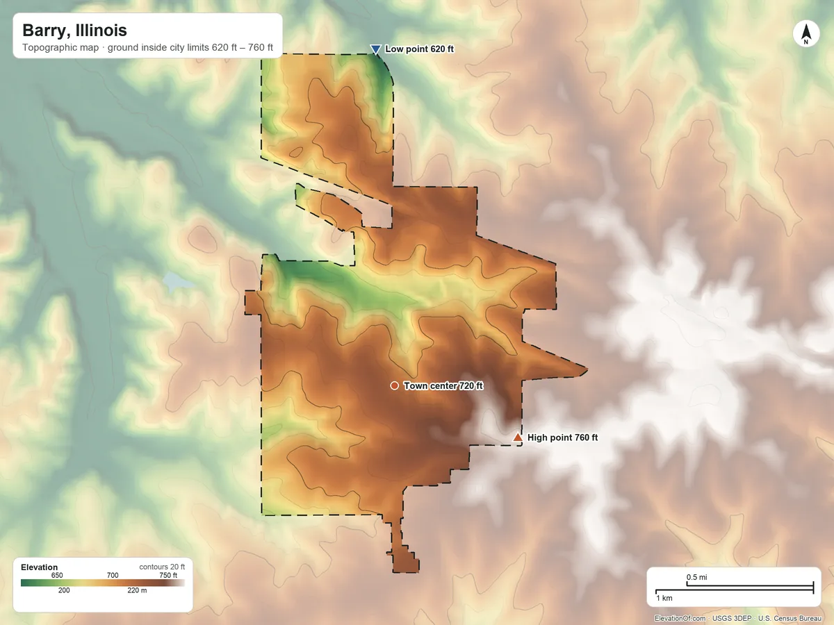 Topographic elevation map of Barry, Illinois, shaded from 620 ft on the north side to 760 ft on the southeast side