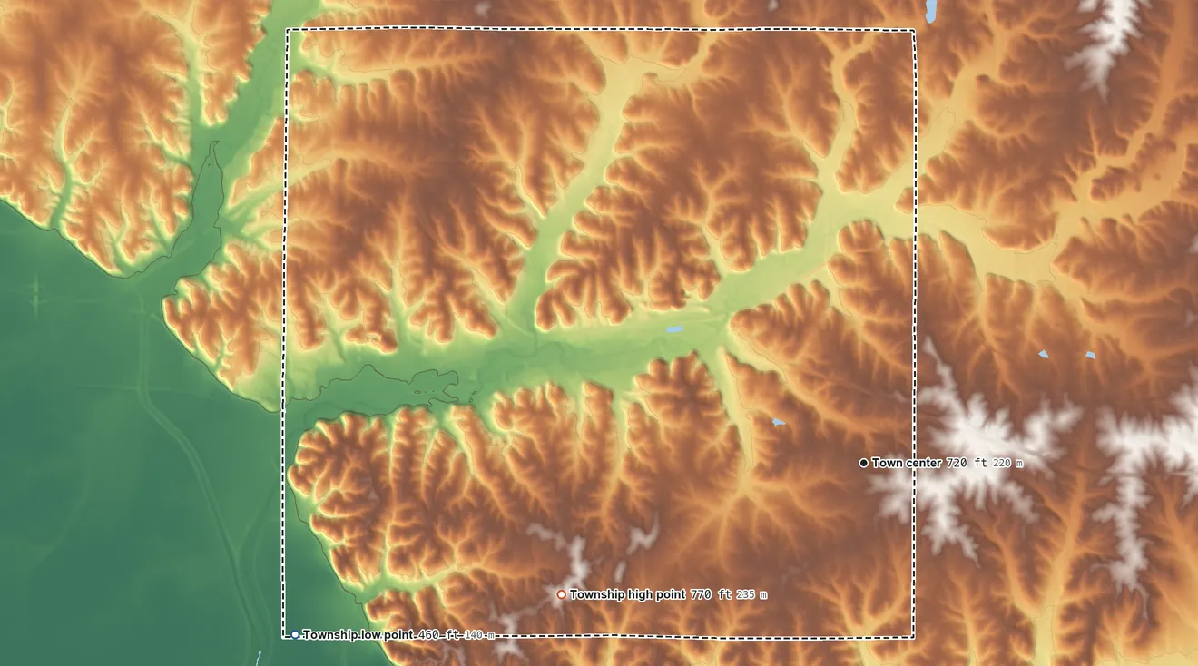 Topographic elevation map of Barry Township, Illinois, shaded from 460 ft on the west side to 770 ft on the southwest side