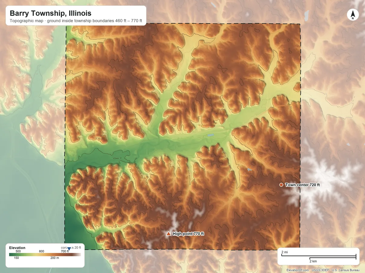 Topographic elevation map of Barry Township, Illinois, shaded from 460 ft on the west side to 770 ft on the southwest side