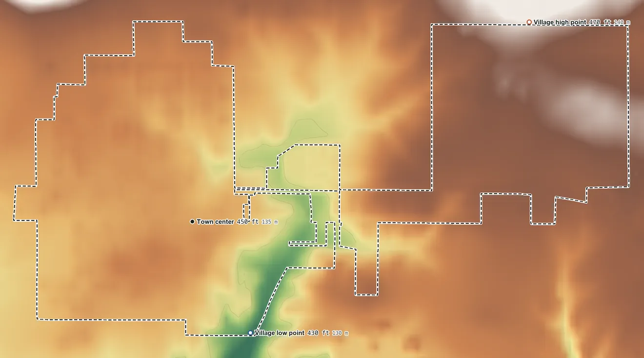 Topographic elevation map of Bartelso, Illinois, shaded from 430 ft on the southeast side to 470 ft on the northeast side