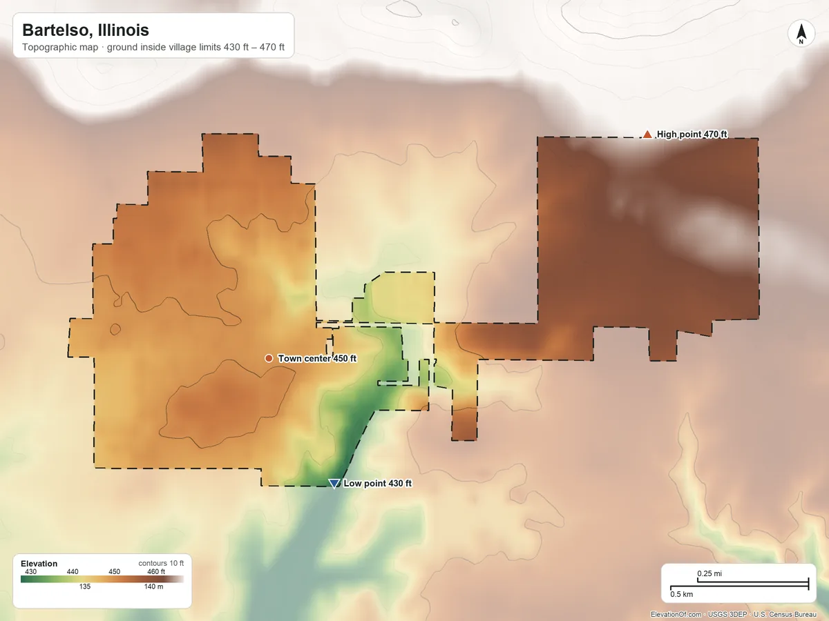Topographic elevation map of Bartelso, Illinois, shaded from 430 ft on the southeast side to 470 ft on the northeast side