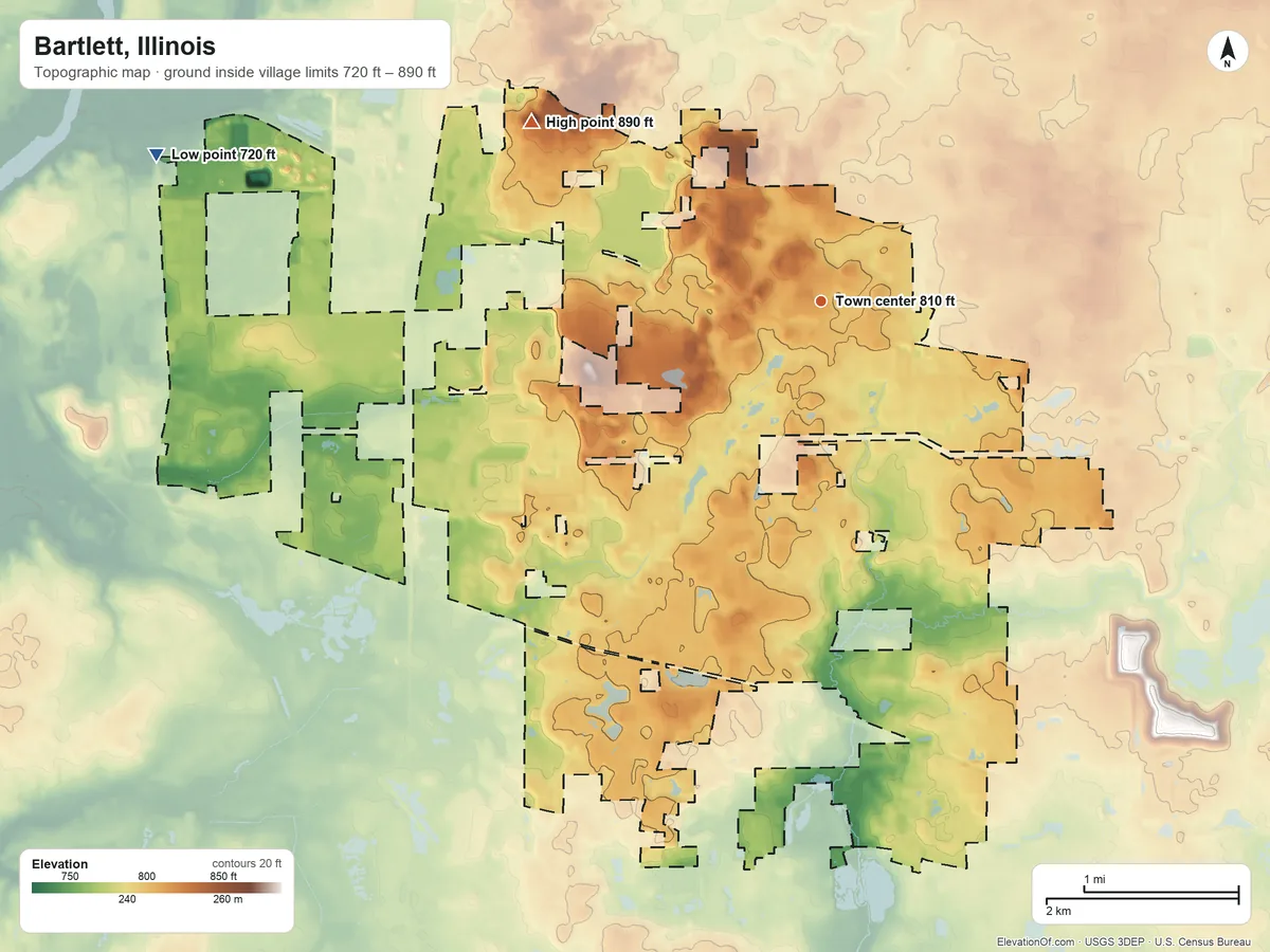 Topographic elevation map of Bartlett, Illinois, shaded from 720 ft on the west side to 890 ft on the northwest side