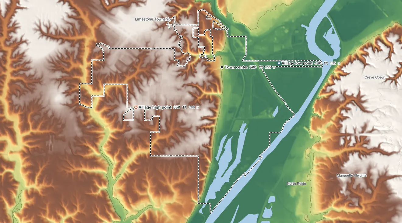 Topographic elevation map of Bartonville, Illinois, shaded from 440 ft on the east side to 650 ft on the southwest side
