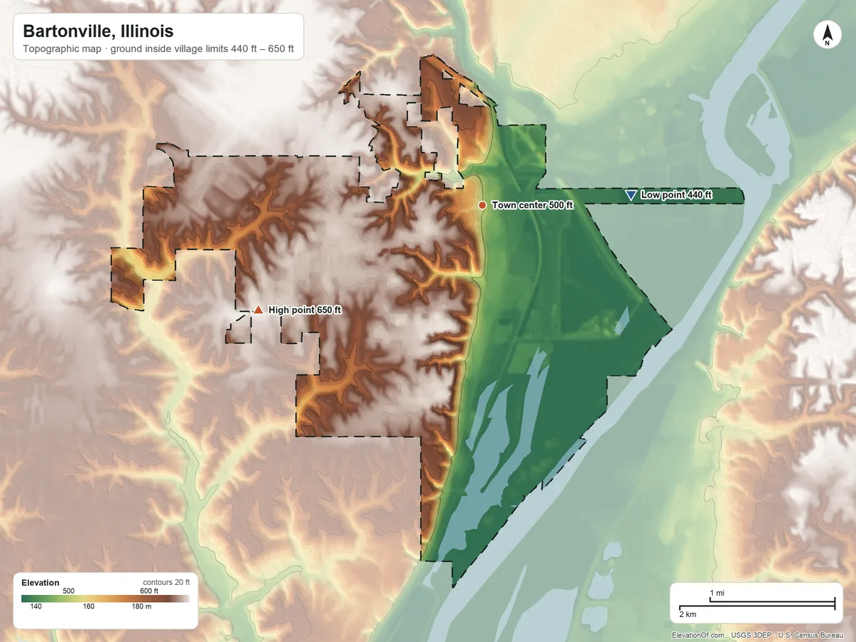 Topographic elevation map of Bartonville, Illinois, shaded from 440 ft on the east side to 650 ft on the southwest side