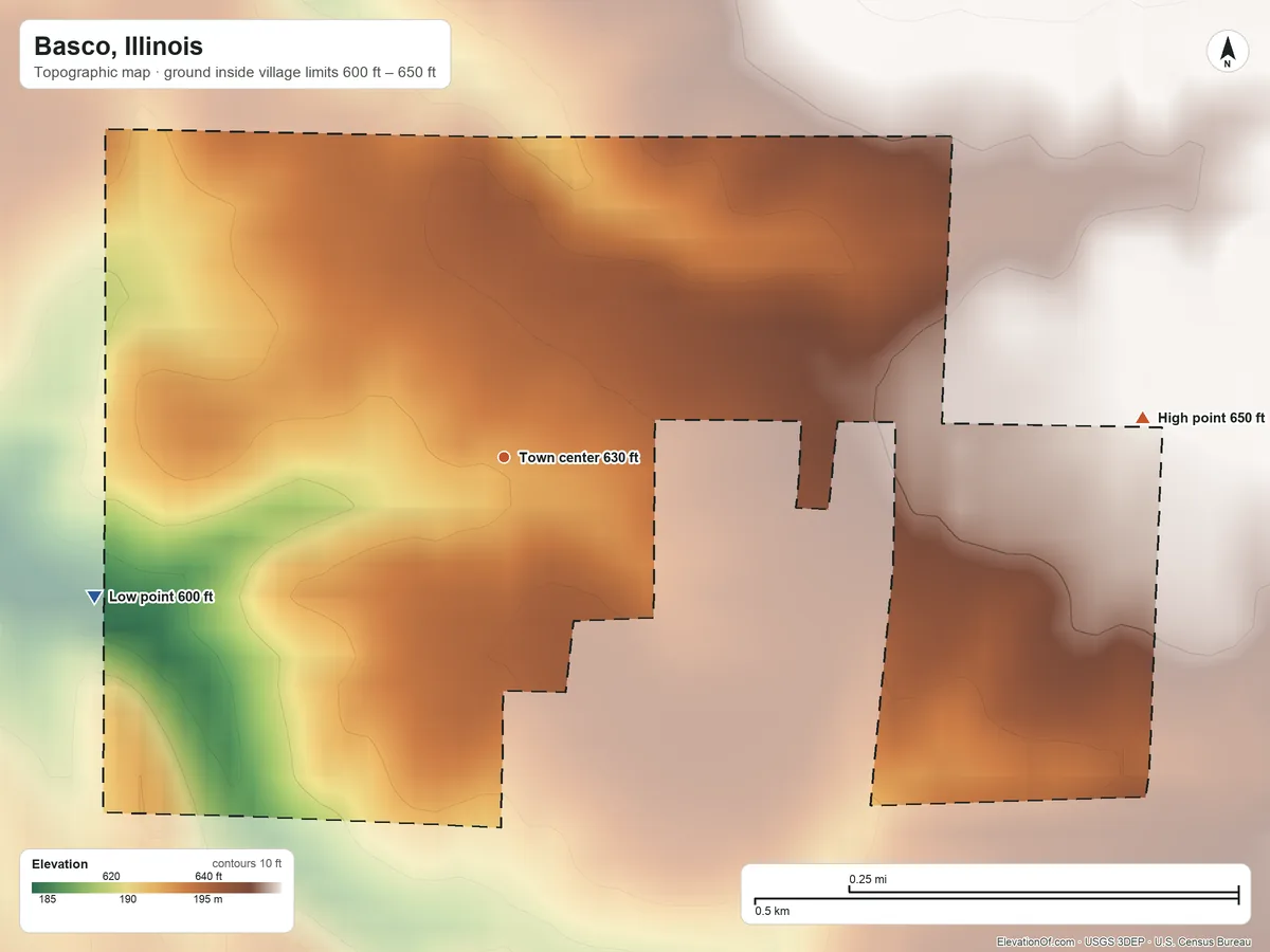 Topographic elevation map of Basco, Illinois, shaded from 600 ft on the west side to 650 ft on the east side