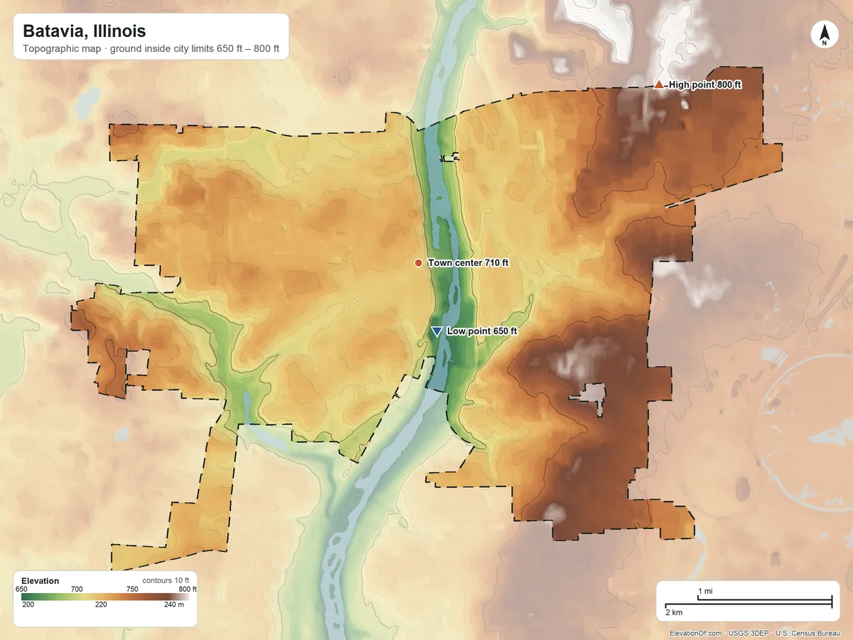 Topographic elevation map of Batavia, Illinois, shaded from 650 ft near the middle to 800 ft on the northeast side