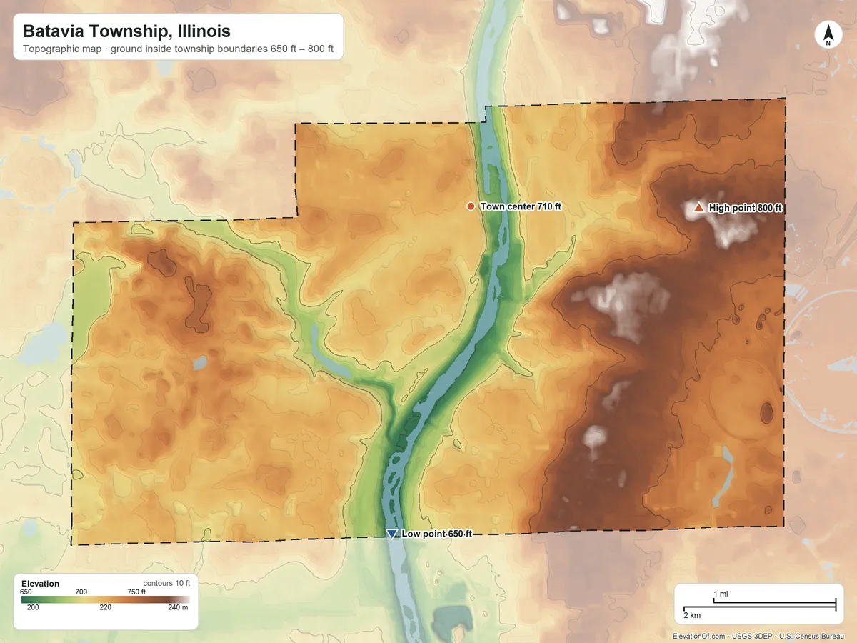 Topographic elevation map of Batavia Township, Illinois, shaded from 650 ft on the south side to 800 ft on the east side