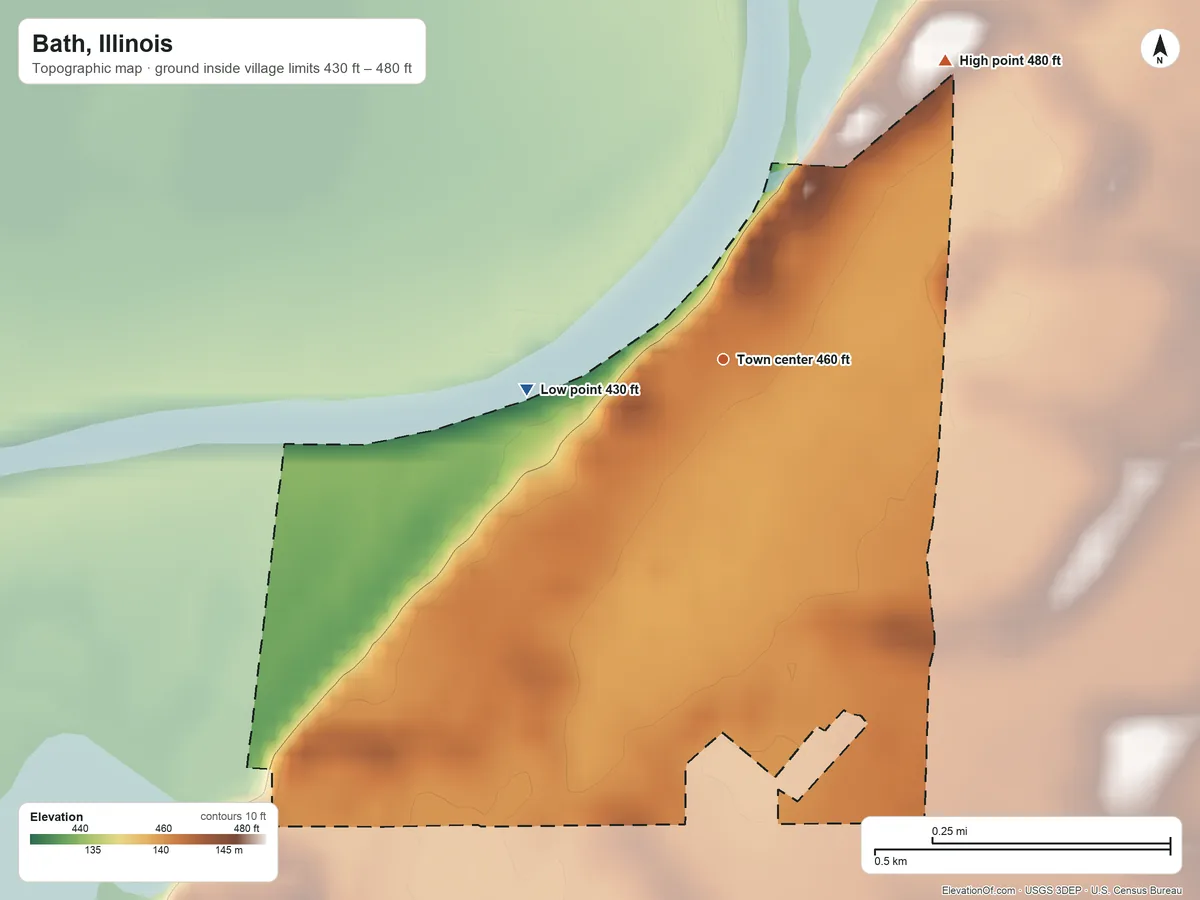 Topographic elevation map of Bath, Illinois, shaded from 430 ft on the west side to 480 ft on the northeast side