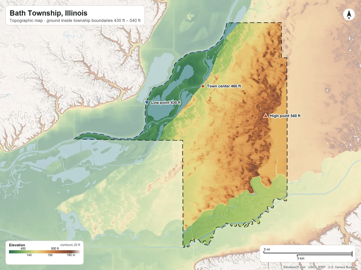 Topographic elevation map of Bath Township, Illinois, shaded from 430 ft on the west side to 540 ft on the southeast side
