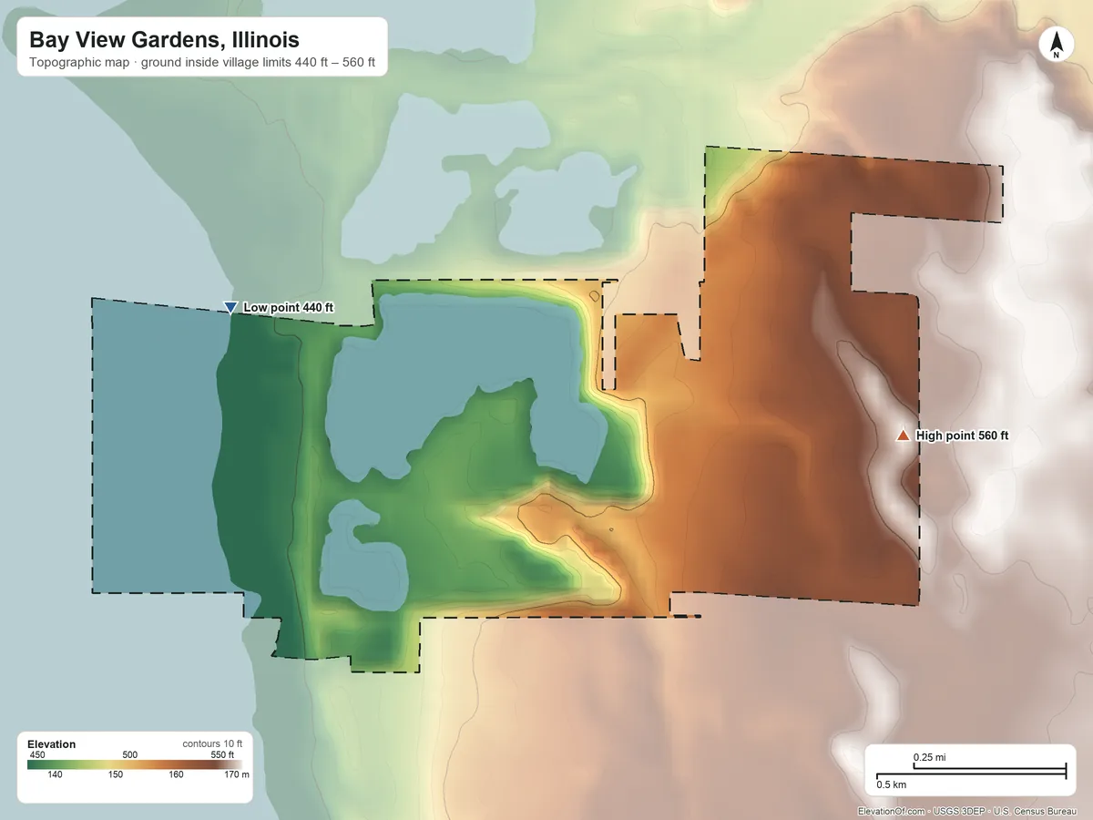 Topographic elevation map of Bay View Gardens, Illinois, shaded from 440 ft on the west side to 560 ft near the middle