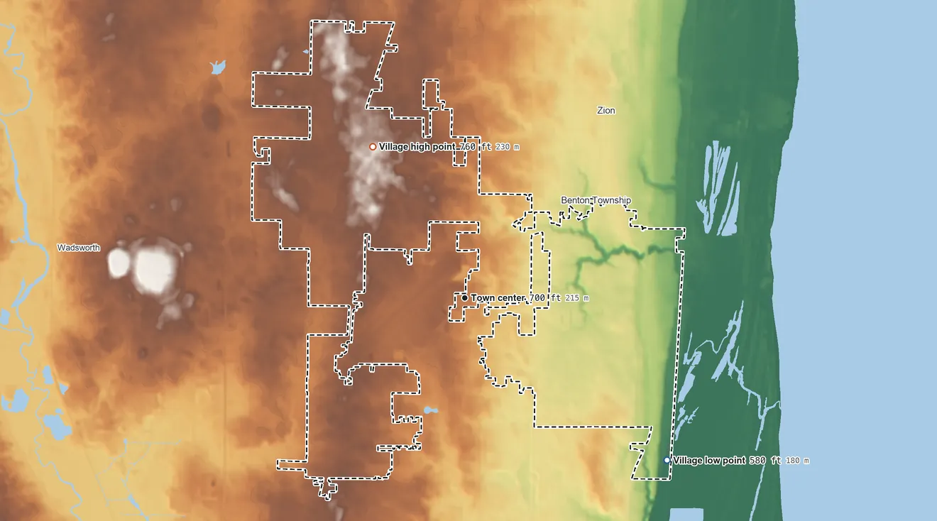 Topographic elevation map of Beach Park, Illinois, shaded from 580 ft on the southeast side to 760 ft on the northwest side