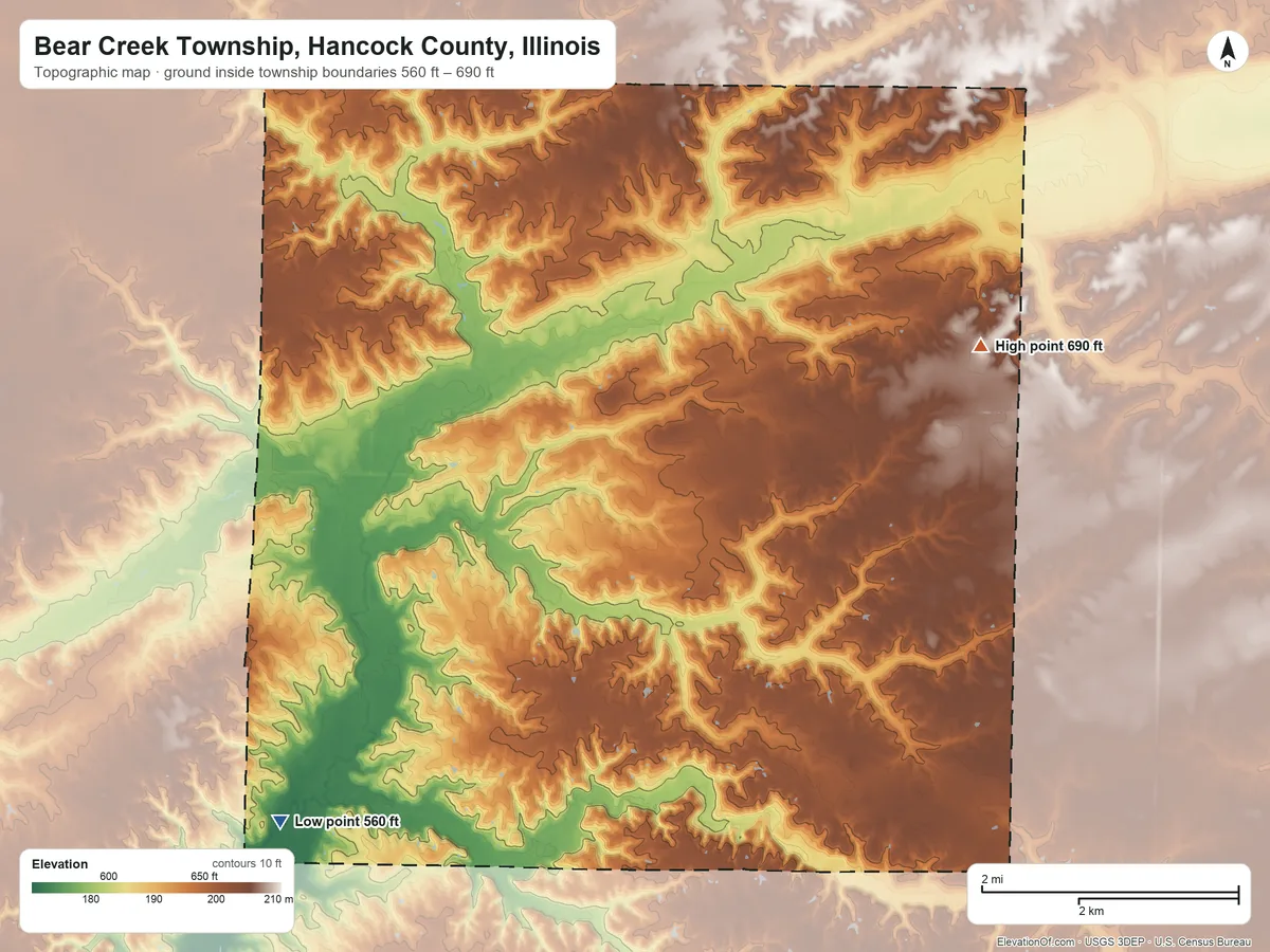 Topographic elevation map of Bear Creek Township, Hancock County, Illinois, shaded from 560 ft on the southwest side to 690 ft on the northeast side