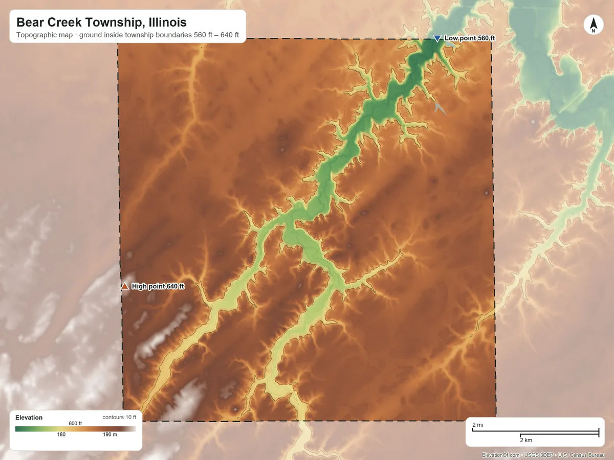 Topographic elevation map of Bear Creek Township, Illinois, shaded from 560 ft on the northeast side to 640 ft on the west side