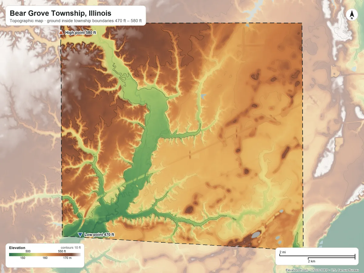 Topographic elevation map of Bear Grove Township, Illinois, shaded from 470 ft on the southwest side to 580 ft on the northwest side