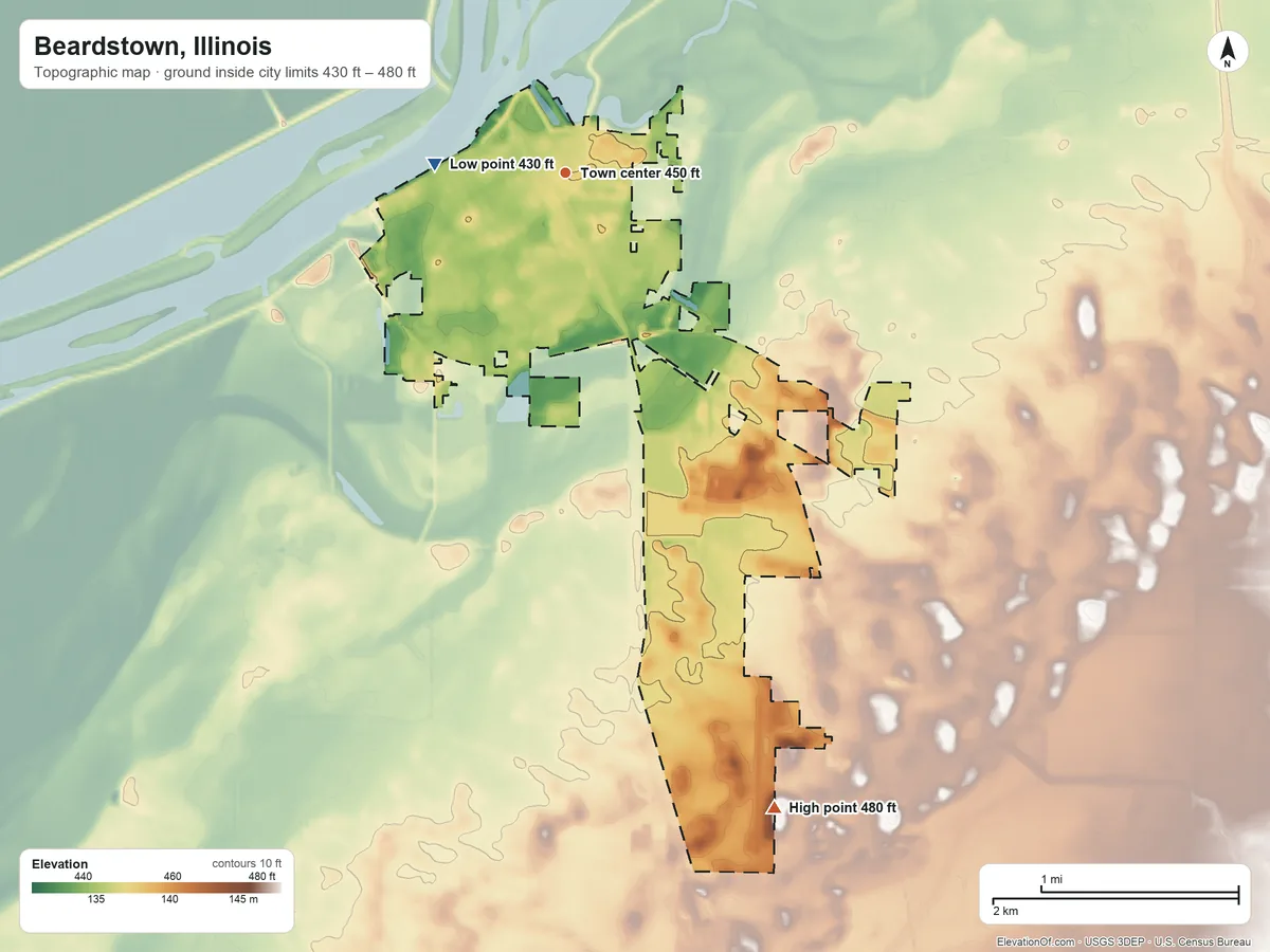 Topographic elevation map of Beardstown, Illinois, shaded from 430 ft on the west side to 480 ft on the south side