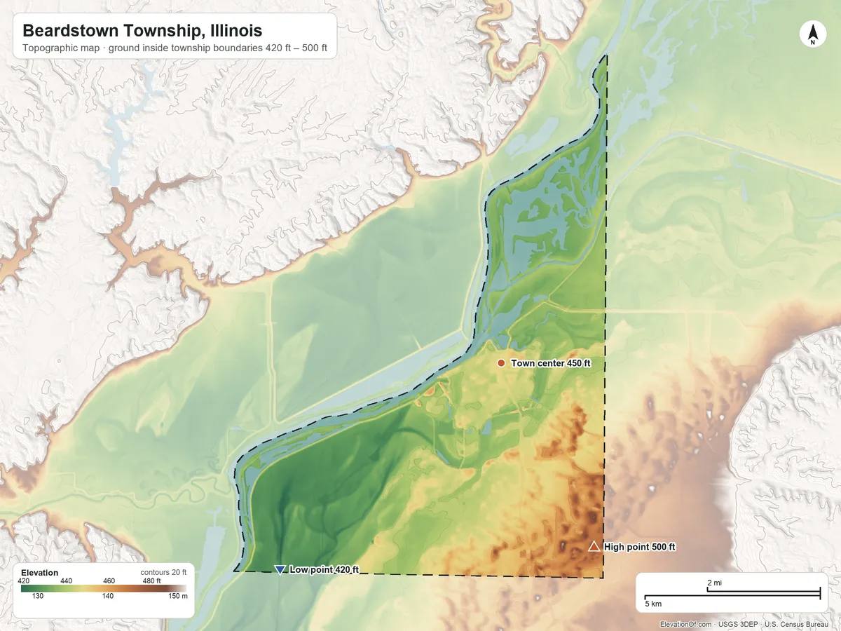 Topographic elevation map of Beardstown Township, Illinois, shaded from 420 ft on the southwest side to 500 ft on the southeast side
