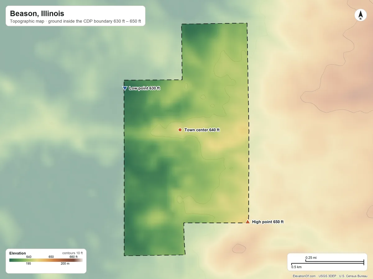 Topographic elevation map of Beason, Illinois, shaded from 630 ft on the northwest side to 650 ft on the southeast side