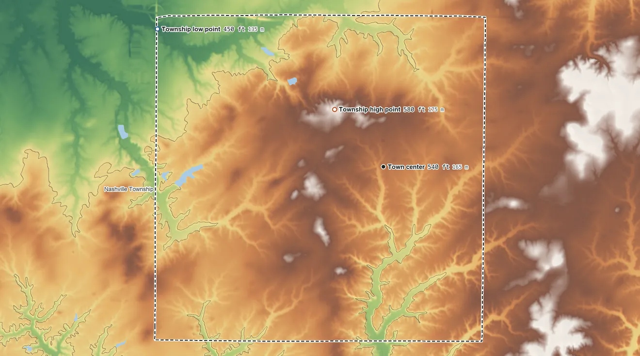 Topographic elevation map of Beaucoup Township, Illinois, shaded from 450 ft on the northwest side to 580 ft on the northwest side