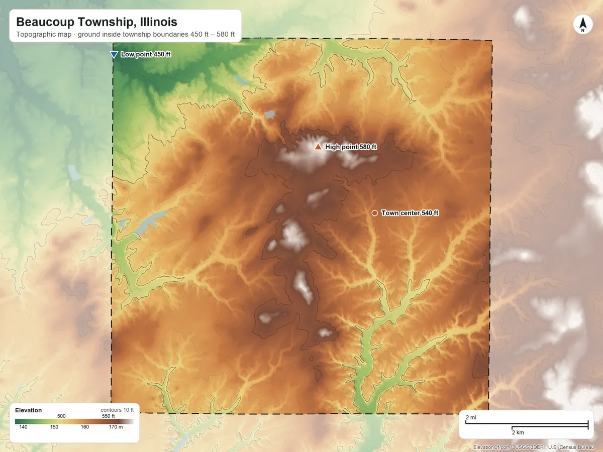 Topographic elevation map of Beaucoup Township, Illinois, shaded from 450 ft on the northwest side to 580 ft on the northwest side