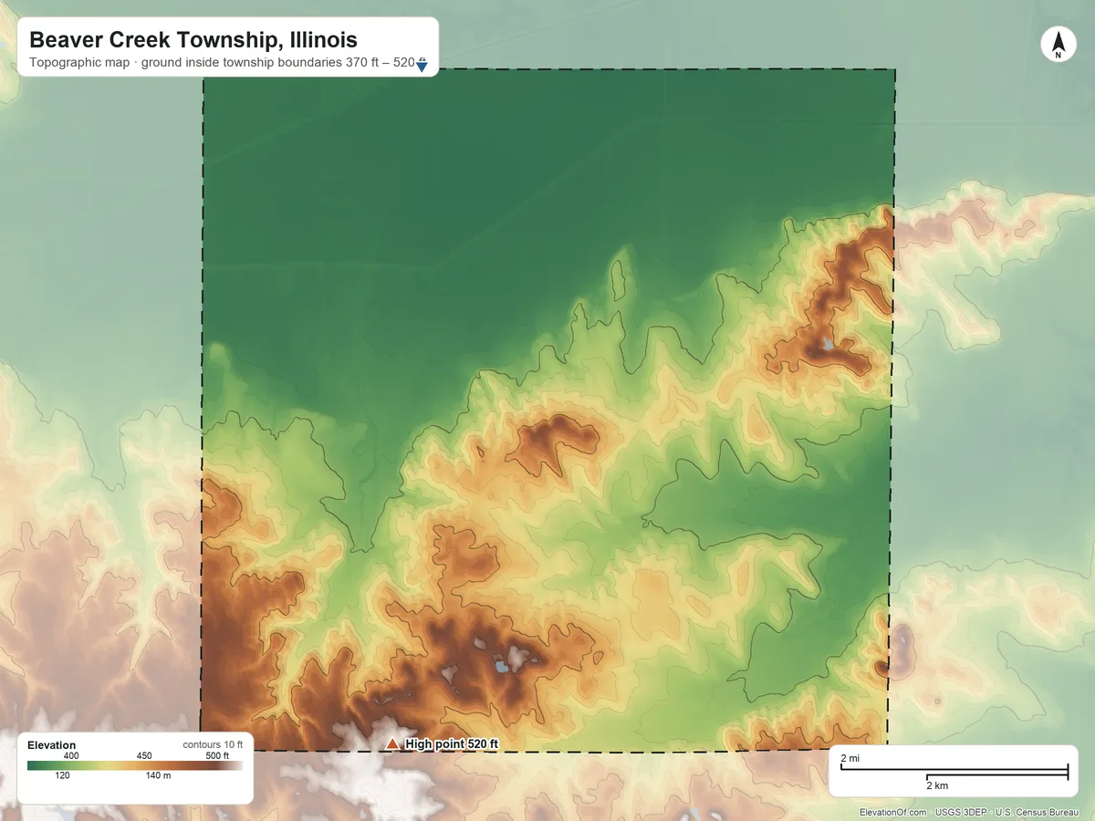 Topographic elevation map of Beaver Creek Township, Illinois, shaded from 370 ft on the north side to 520 ft on the south side