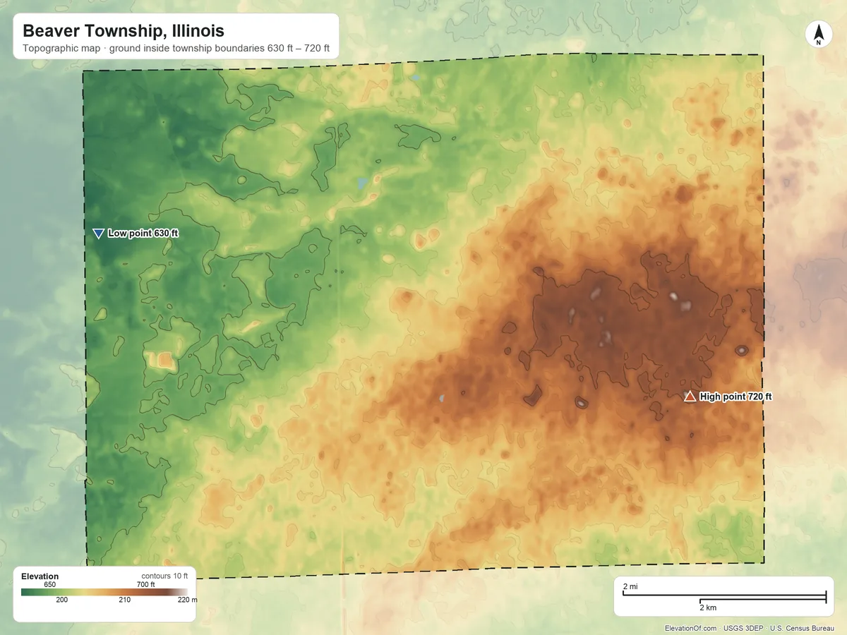 Topographic elevation map of Beaver Township, Illinois, shaded from 630 ft on the northwest side to 720 ft on the east side
