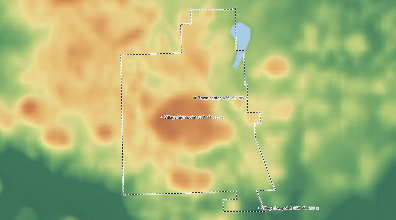 Topographic elevation map of Beaverville, Illinois, shaded from 650 ft on the southeast side to 680 ft on the southwest side