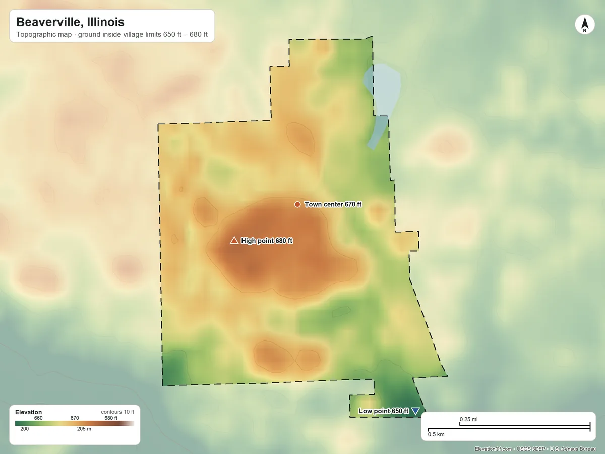 Topographic elevation map of Beaverville, Illinois, shaded from 650 ft on the southeast side to 680 ft on the southwest side