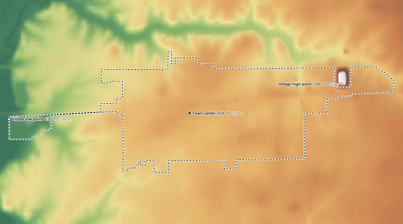 Topographic elevation map of Beckemeyer, Illinois, shaded from 430 ft on the west side to 480 ft on the east side