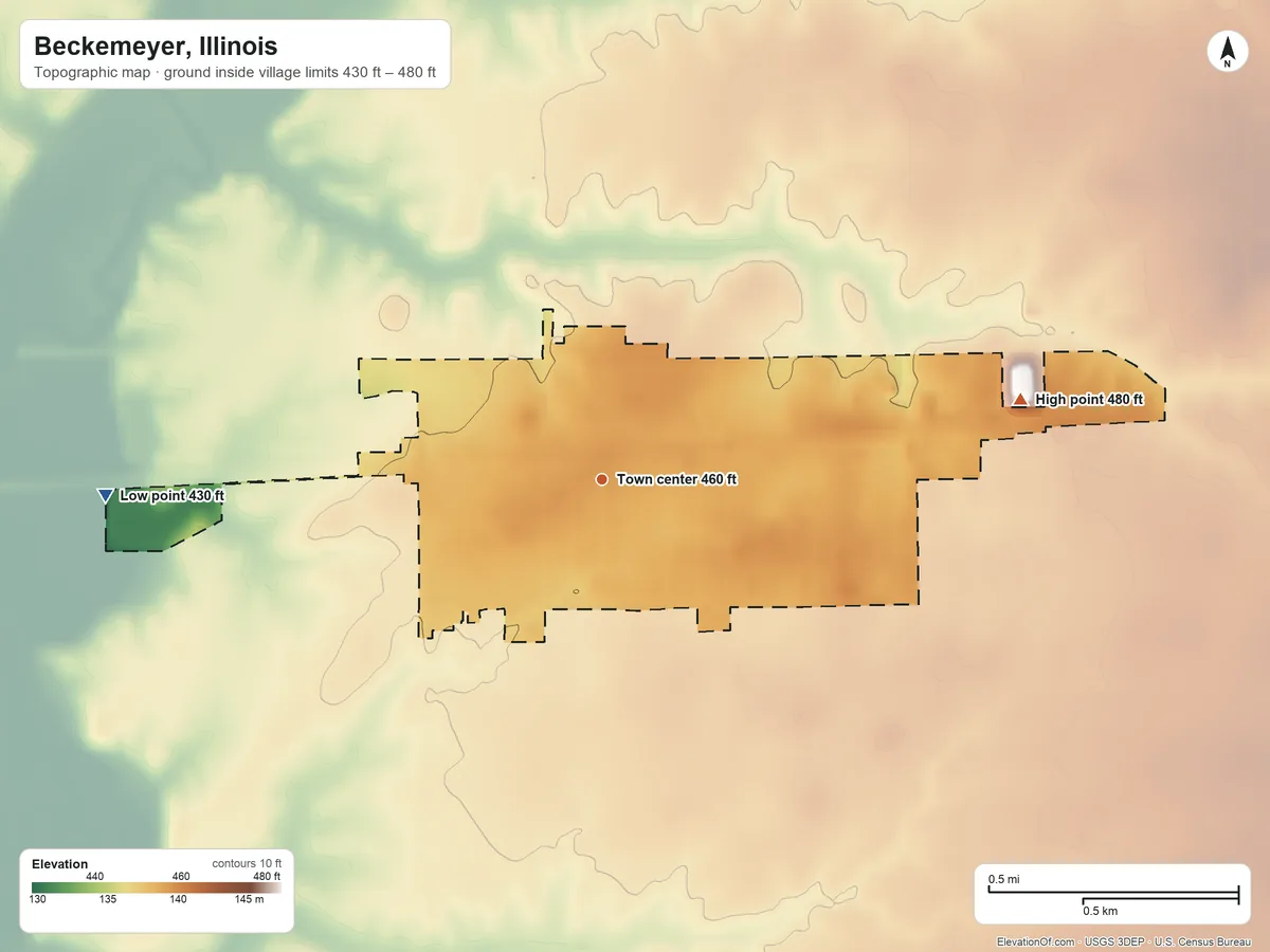 Topographic elevation map of Beckemeyer, Illinois, shaded from 430 ft on the west side to 480 ft on the east side