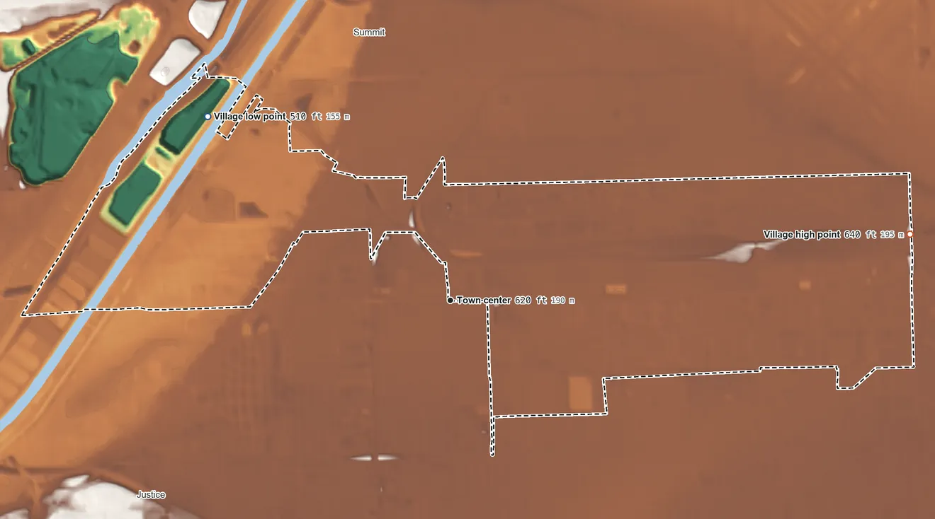 Topographic elevation map of Bedford Park, Illinois, shaded from 510 ft on the northwest side to 640 ft on the east side