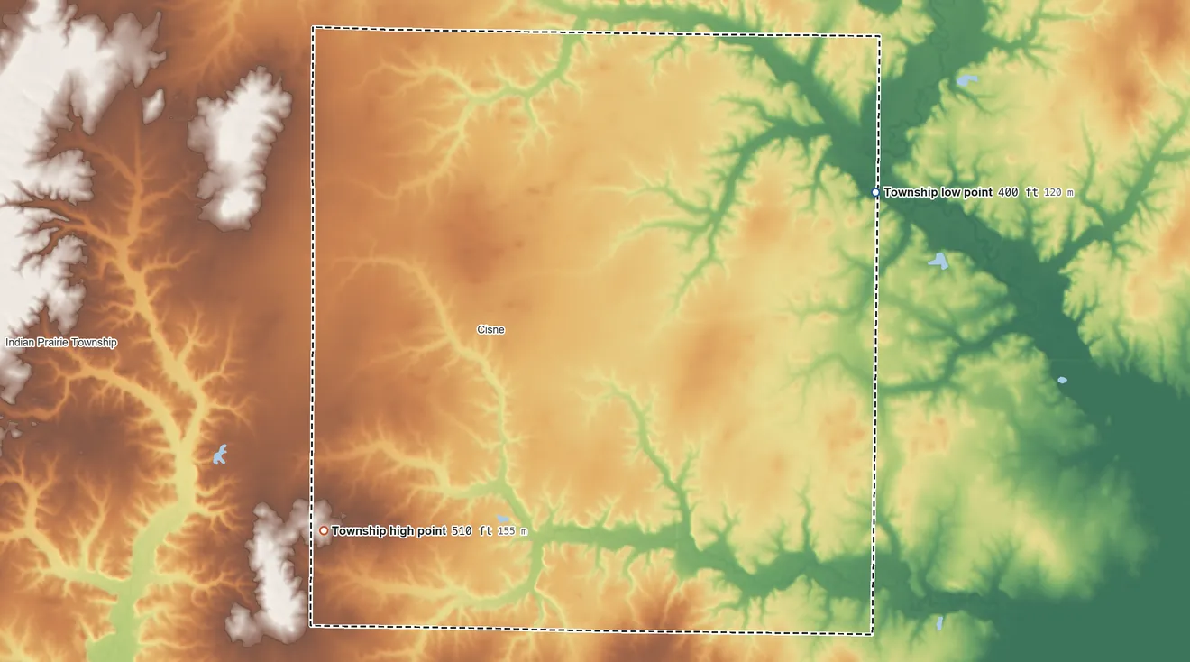 Topographic elevation map of Bedford Township, Illinois, shaded from 400 ft on the northeast side to 510 ft on the southwest side