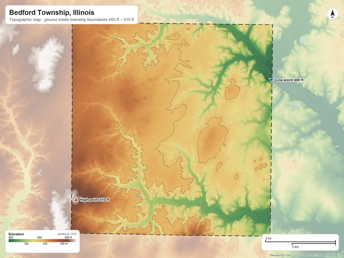Topographic elevation map of Bedford Township, Illinois, shaded from 400 ft on the northeast side to 510 ft on the southwest side