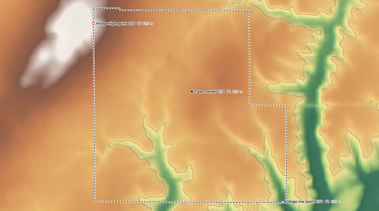 Topographic elevation map of Beecher City, Illinois, shaded from 570 ft on the southeast side to 640 ft on the northwest side